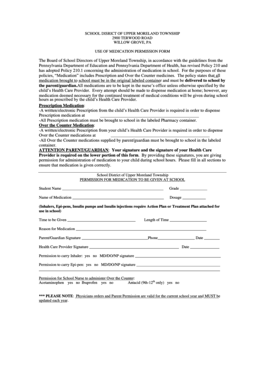 Permission For Medication To Be Given At School Form Printable pdf