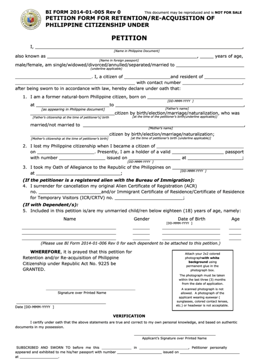 Form 2014-01-005 - Petition Form For Retention/re-Acquisition Of Philippine Citizenship Under R.a. 9225 Printable pdf