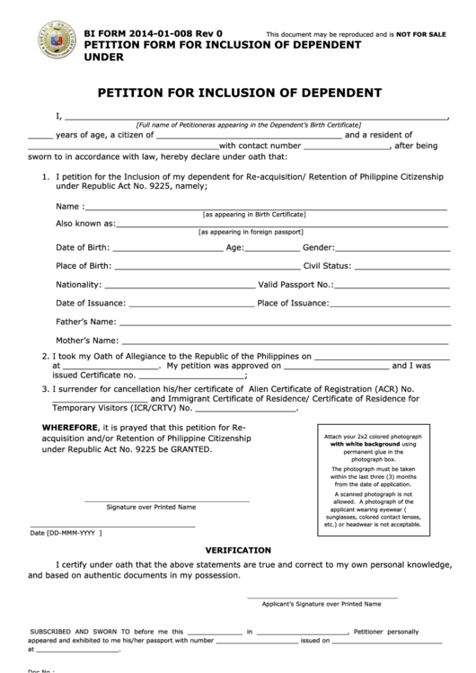 Form 2014-01-008 - Petition Form For Inclusion Of Dependent Under R.a. 9225 Printable pdf