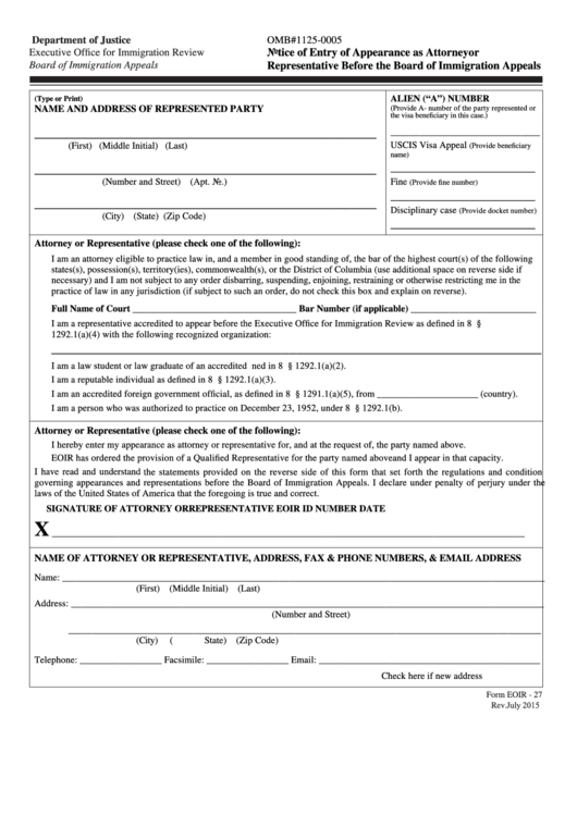 Fillable Form Eoir-27 - Notice Of Entry Of Appearance As Attorney Or Representative Before The Board Of Immigration Appeals Printable pdf