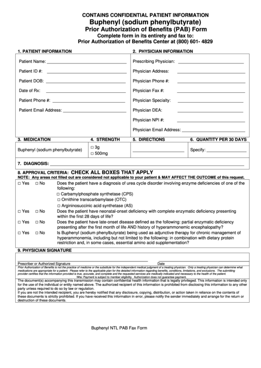 Buphenyl (Sodium Phenylbutyrate) Prior Authorization Of Benefits (Pab) Form Printable pdf