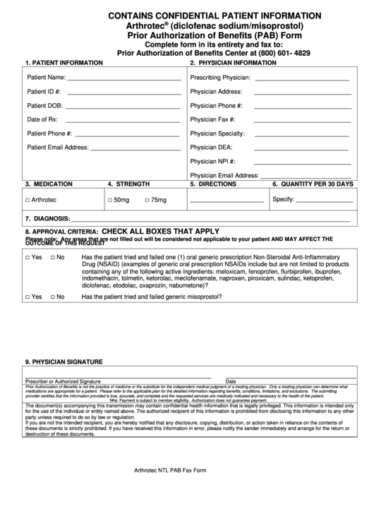 Arthrotec (Diclofenac Sodium/misoprostol) Prior Authorization Of Benefits (Pab) Form Printable pdf