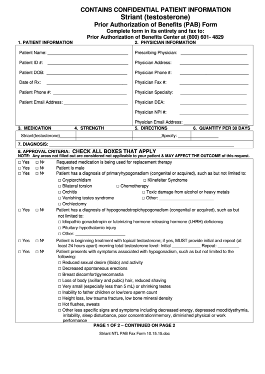 Striant (Testosterone) Prior Authorization Of Benefits (Pab) Form Printable pdf