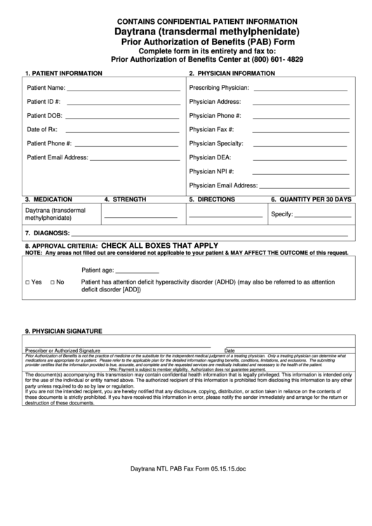 Daytrana (Transdermal Methylphenidate) Prior Authorization Of Benefits (Pab) Form Printable pdf