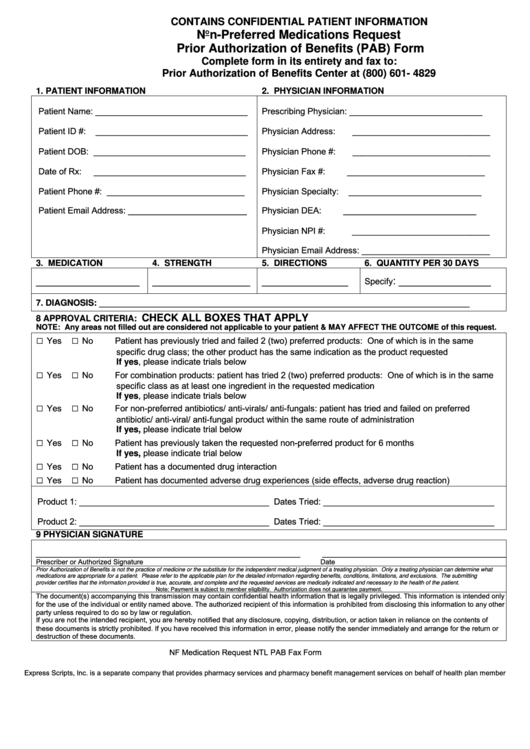 Non-Preferred Medications Request Prior Authorization Of Benefits (Pab) Form Printable pdf