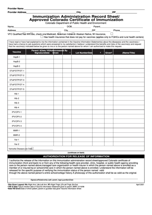 Immunization Administration Record Sheet/ Approved Colorado Certificate Of Immunization Form Printable pdf