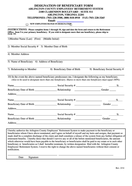 Designation Of Beneficiary Form Printable pdf