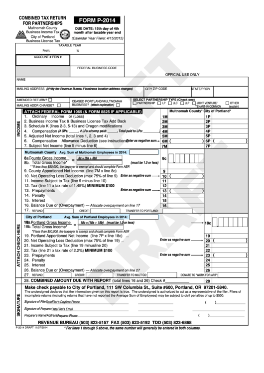 Form P-2014 Draft - Combined Tax Return For Partnerships Printable pdf