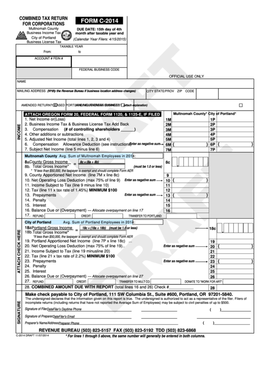 Form C Draft - Combined Tax Return For Corporations - 2014 Printable pdf