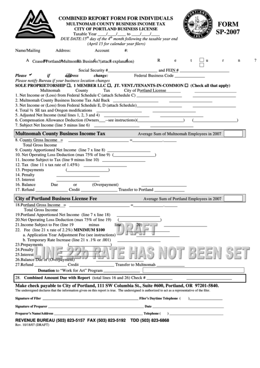 Form Sp-2007 Draft - Combined Report Form For Individuals Multnomah County Business Income Tax City Of Portland Business License Printable pdf