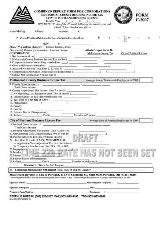 Form C-2007 - Combined Report Form For Corporations - 2007 Printable pdf