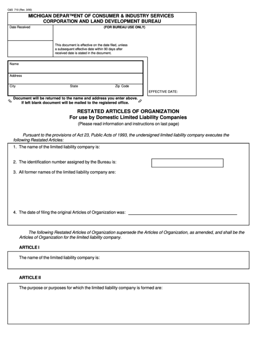Fillable Form C&s 710 - Restated Articles Of Organization For Use By Domestic Limited Liability Companies Printable pdf