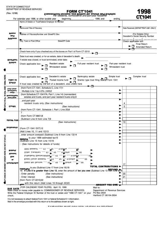 Fillable Form Ct-1041 - Connecticut Income Tax Return For Trusts And Estates Printable pdf