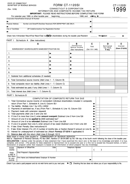 Form Ct-1120si - Connecticut S Corporation Information And Composite Income Tax Return - 1999 Printable pdf
