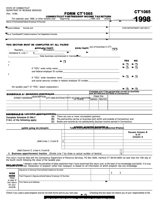 Fillable Form Ct-1065 - Connecticut Partnership Income Tax Return Printable pdf