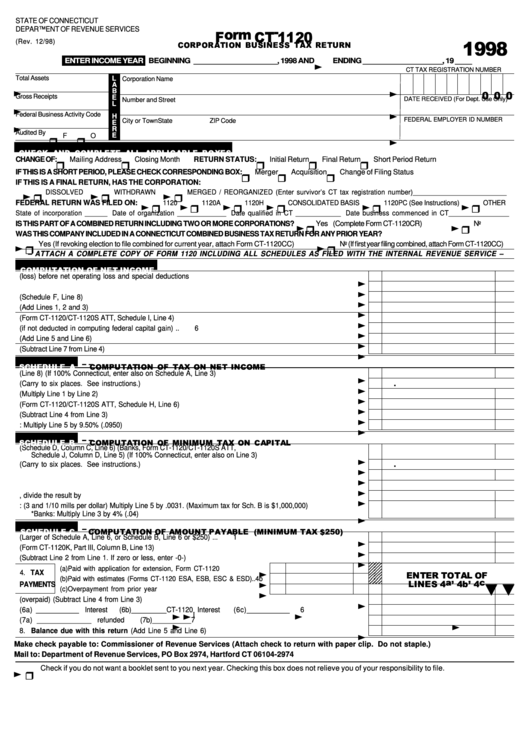 Fillable Form Ct-1120 - Corporation Business Tax Return - 1998 Printable pdf