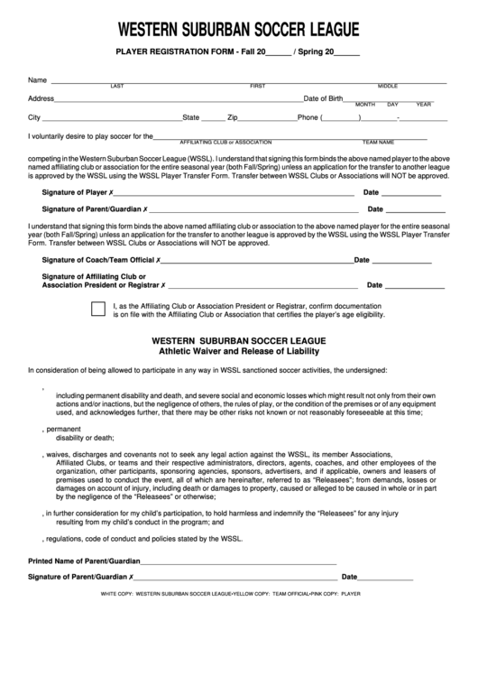 Fillable Western Suburban Soccer League Player Registration Form Printable pdf