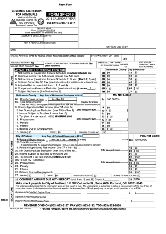 Fillable Form Sp-2016 - Combined Tax Return For Individuals - 2016 Printable pdf