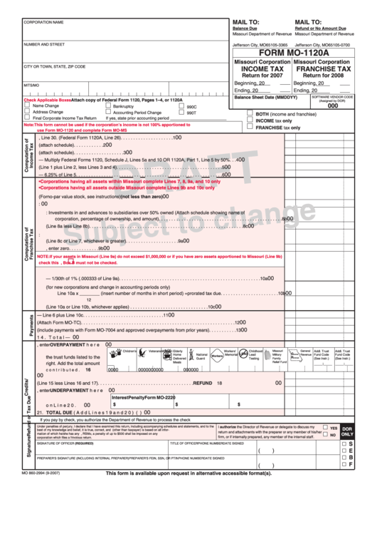 Form Mo-1120a Draft - Missouri Corporation Income Tax/franchise Tax Printable pdf