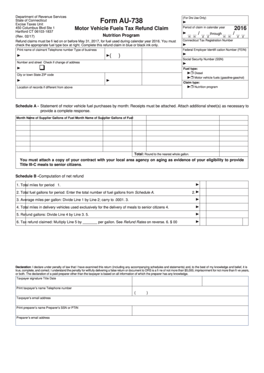 Form Au-738 - Motor Vehicle Fuels Tax Refund Claim - 2016 Printable pdf