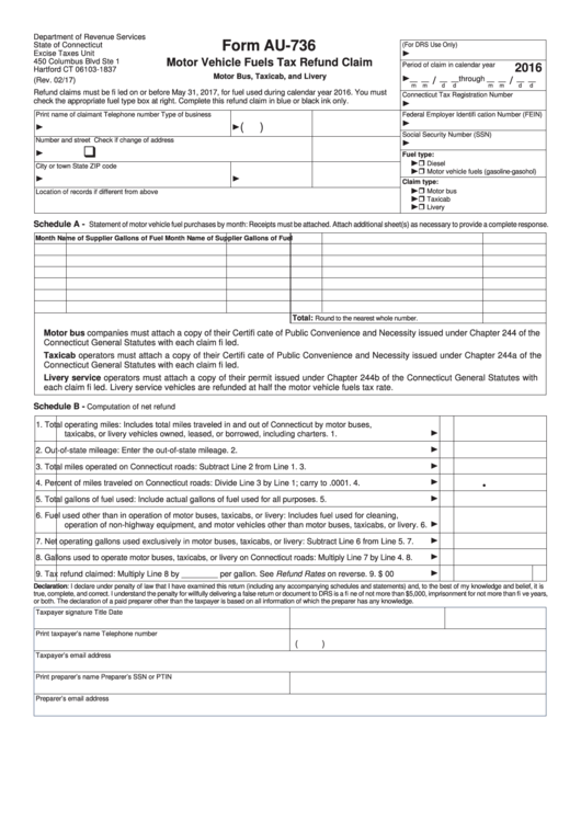 Form Au-736 - Motor Vehicle Fuels Tax Refund Claim - 2016 Printable pdf