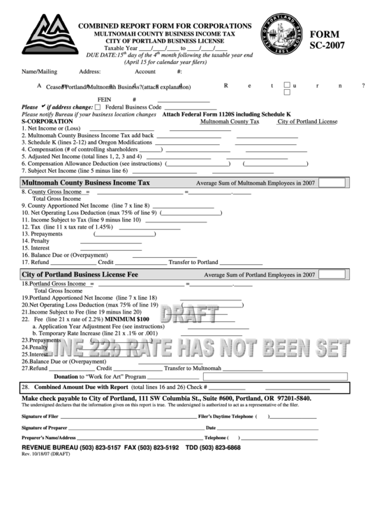 Form Sc-2007 Draft - Combined Report Form For Corporations - 2007 Printable pdf