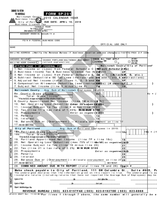 Form Sp-2015 Draft - Combined Tax Return For Individuals Printable pdf