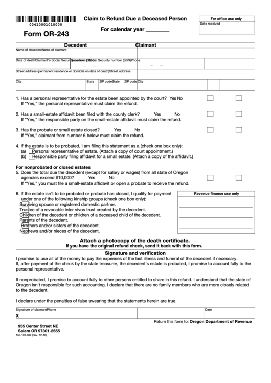 Fillable Form Or-243 - Claim To Refund Due A Deceased Person Printable pdf