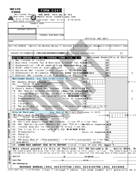 Form C 2015 Combined Tax Return For Corporations Printable Pdf Download