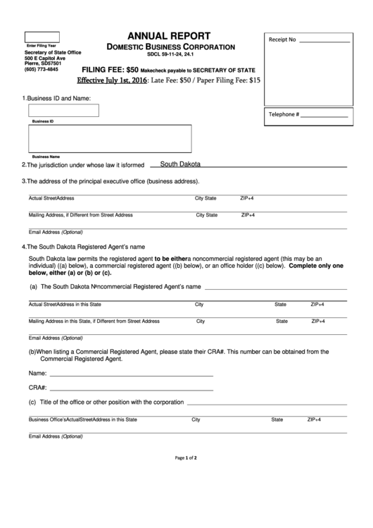 Form Sdcl 59-11-24 - Annual Report Domestic Business Corporation - South Dakota