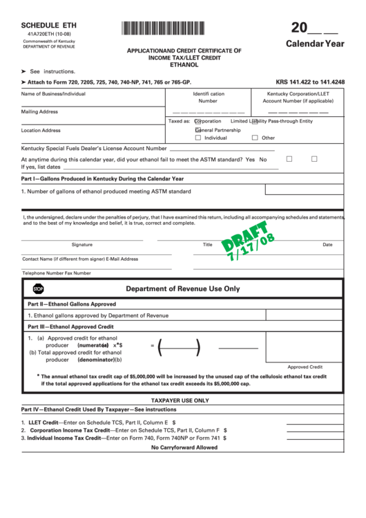 Form 41a720eth - Schedule Eth Draft - Application And Credit Certificate Of Income Tax/llet Credit Ethanol Printable pdf