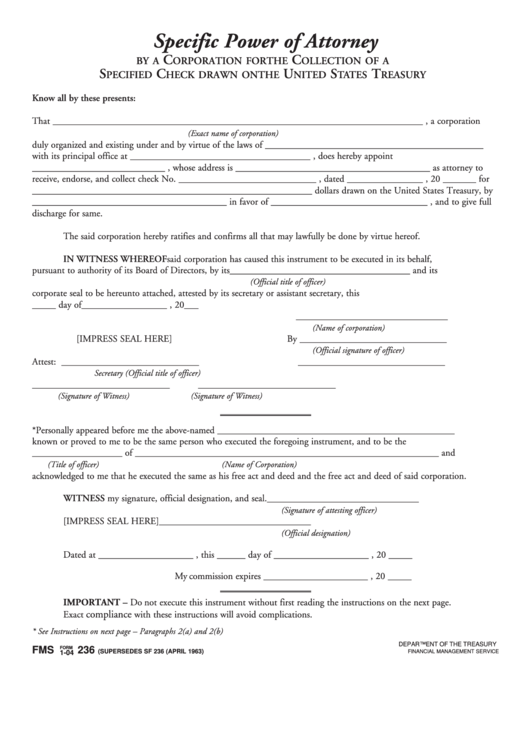Fillable Fms Form 236 - Specific Power Of Attorney By A Corporation For The Collection Of A Specified Check Drawn On The United States Treasury Printable pdf