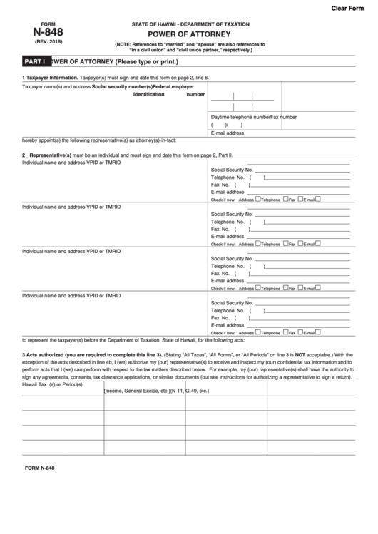 Fillable Form N-848 - Power Of Attorney - 2016 Printable pdf