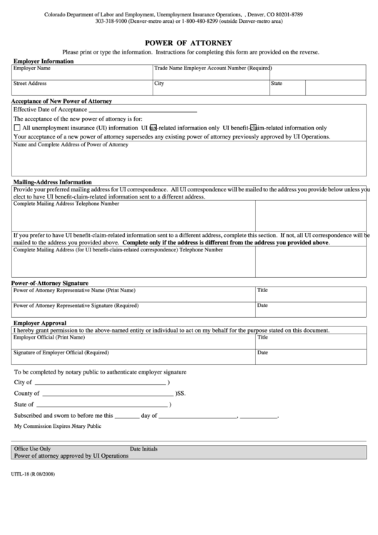 Form Uitl-18 - Power Of Attorney printable pdf download