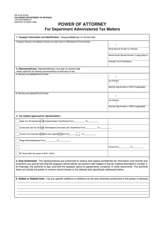 Form Dr 0145 - Power Of Attorney For Department Administered Tax Matters Printable pdf