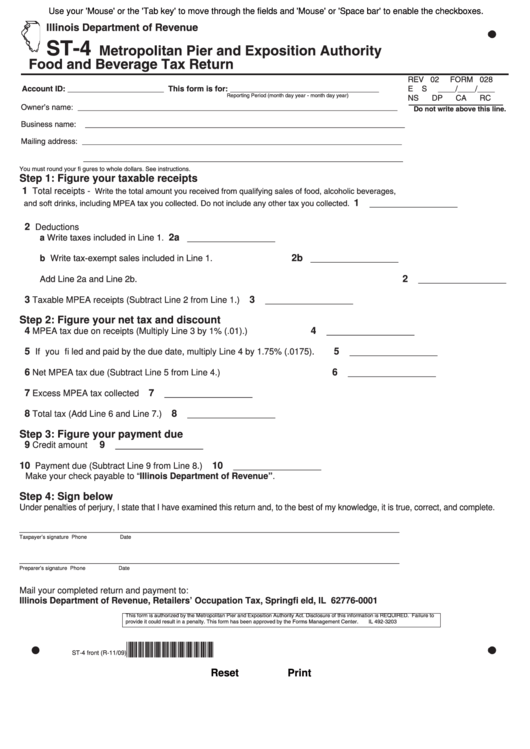 Fillable Form St-4 - Metropolitan Pier And Exposition Authority Food And Beverage Tax Return Printable pdf