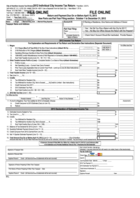Form Ir-L - Individual City Income Tax Return - 2012 Printable pdf
