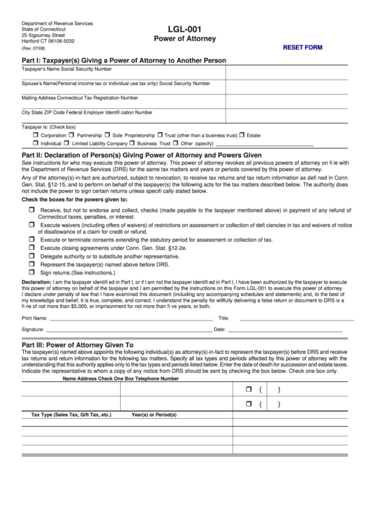 Fillable Form Lgl-001 - Power Of Attorney Printable pdf