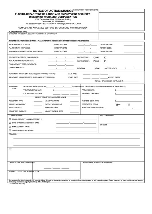 Form Dwc-4 - Notice Of Action/change Printable pdf