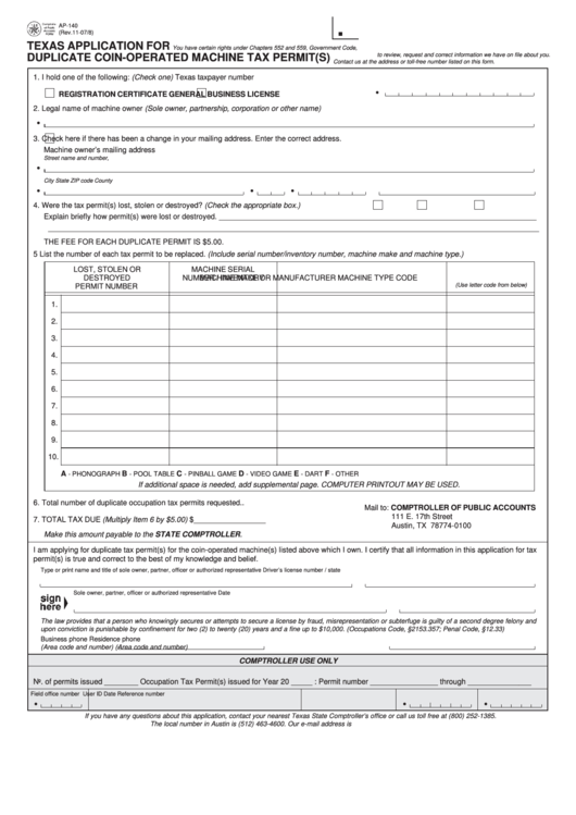Fillable Form Ap-140 Texas Application For Duplicate Coin-Operated Machine Tax Permit(S) Printable pdf