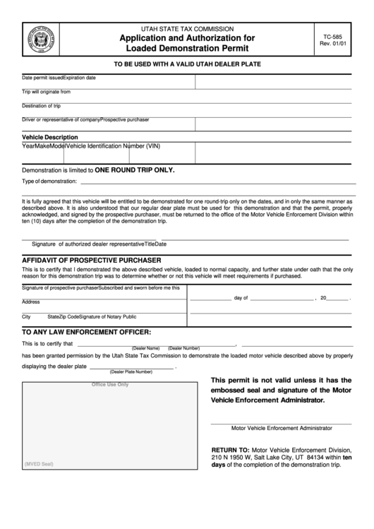 Form Tc-585 - Application And Authorization For Loaded Demonstration Permit 2001 Printable pdf