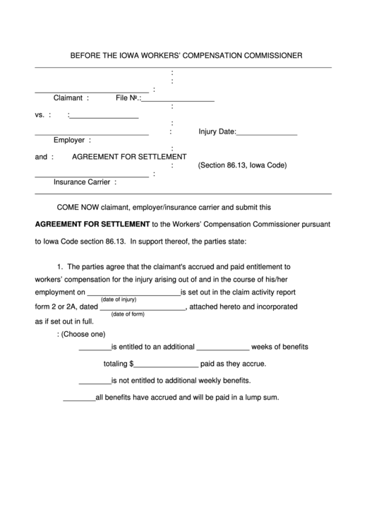 Agreement For Settlement Form 1999 Printable pdf