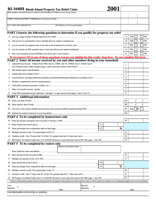 Form Ri-1040h - Rhode Island Property Tax Relief Claim Printable pdf