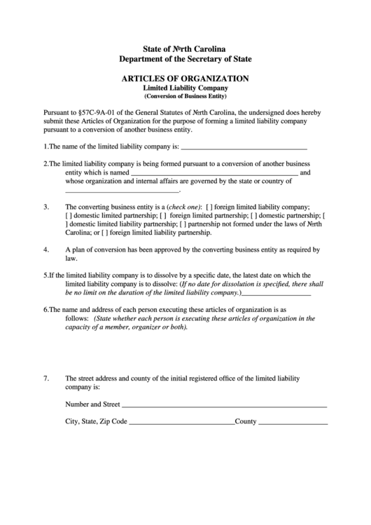 Form L-01a - Articles Of Organization Limited Liability Company Printable pdf