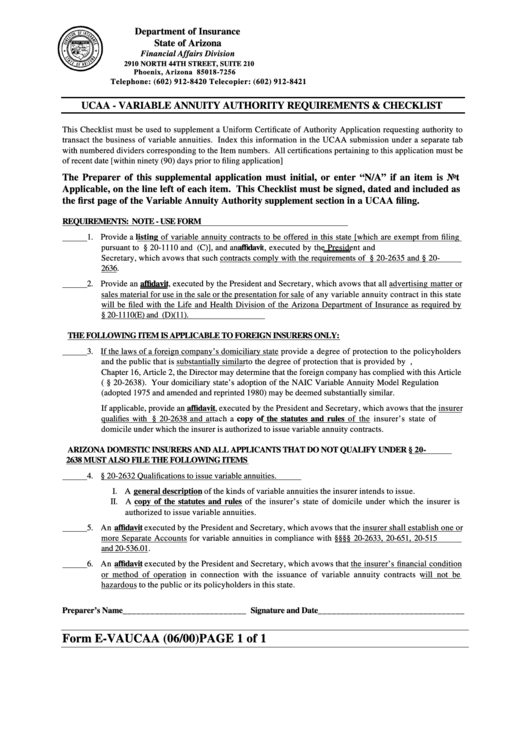 Form E-Vaucaa - Ucaa - Variable Annuity Authority Requirements & Checklist Printable pdf