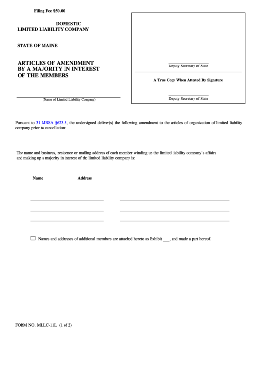 Fillable Form Mllc-11l - Articles Of Amendment By A Majority In ...