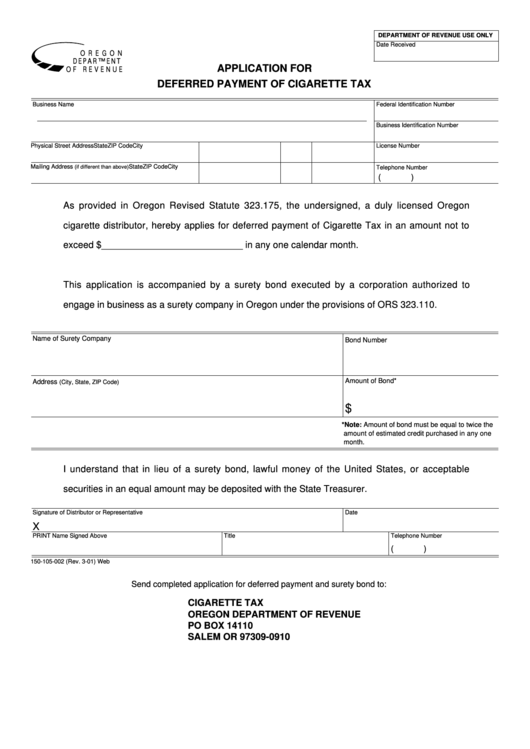 Fillable Application For Deferred Payment Of Cigarette Tax Form 2001 Printable pdf