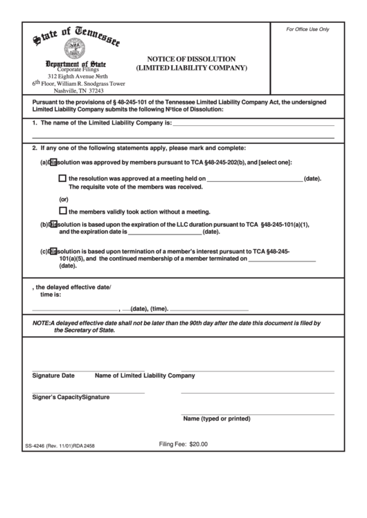 Form Ss-4246 - Notice Of Dissolution (Limited Liability Company) Printable pdf