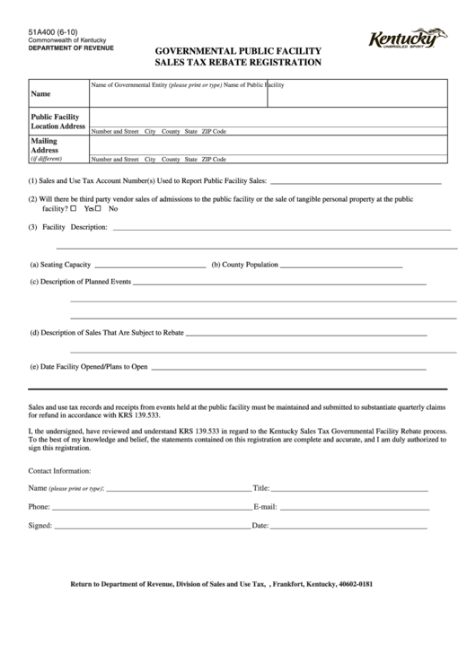 Form 51a400 - Governmental Public Facility Sales Tax Rebate Registration 2010 Printable pdf