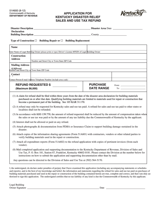 Form 51a600 - Application For Kentucky Disaster Relief Sales And Use Tax Refund 2012